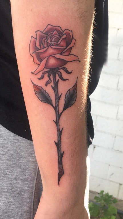 女生手臂上彩色的玫瑰花纹身图片 玫瑰小清新纹身